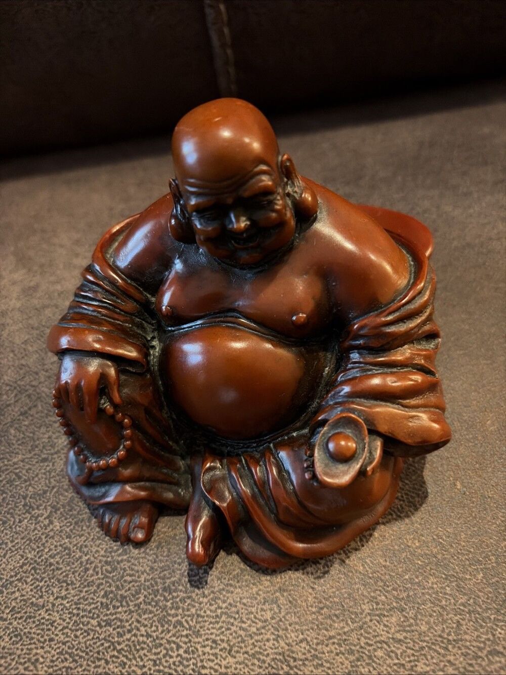 Chinese Buddhism Boxwood Wood Carved Beads Happy Laugh Maitreya Buddha  Statue
